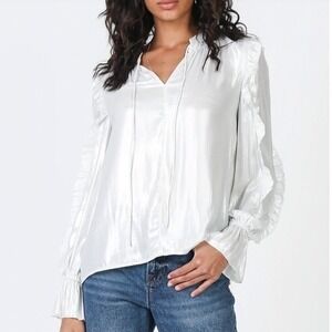 CURRENT AIR Ruffle shimmer satin blouse Small long sleeve silver white